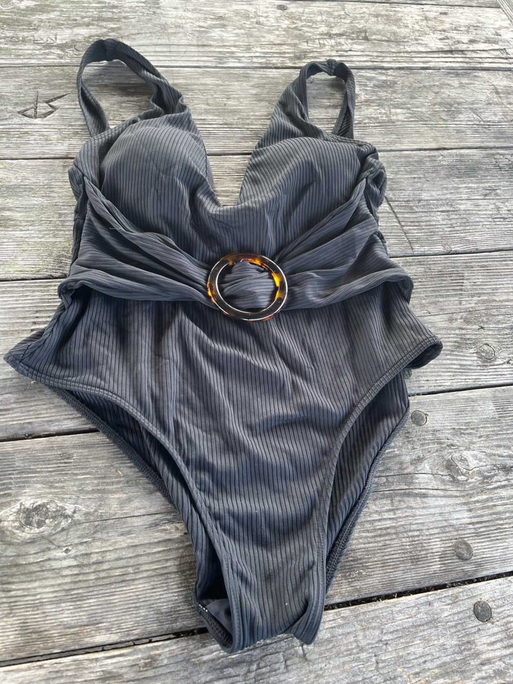SUMMERSALT Women’s Black Ribbed One-Piece Top with Tortoiseshell Buckle SZ 6